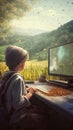 Genius Little boy as a Hacker is coding and programming on in outdoor nature environment, Generative Ai