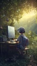Genius Little boy as a Hacker is coding and programming on in outdoor nature environment, Generative Ai