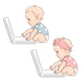 Cute baby boy or girl in diapers work on laptop Royalty Free Stock Photo