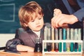 Genius pupil. Education concept. Talented scientist. Boy test tubes liquids chemistry. Chemical analysis. Knowledge day