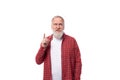 genius 60s retired man with white beard and mustache telling news with gesture