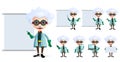 Genius scientist vector character set. Old inventor or professor teaching or showing formula and laboratory lesson