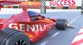 Genius and success - pictured as word Genius and a f1 car, to symbolize that Genius can help achieving success and prosperity in