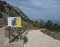 Genna Silana pass, Urzulei, Sardinia, Italy, September 19, 2020: View of tourist notice at start of hiking trail to Gola