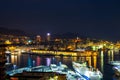 Genoa harbor landscape at night, Italy