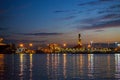 Genoa harbor landscape at night. Italy, Europe.