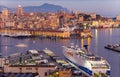 Genoa harbor landscape at sunset, Italy