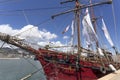 The Spanish Tall ship Atyla moored in the port of Genoa, Italy