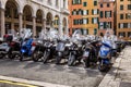 Genoa, Italy, 04/10/2019: Many mopeds parked on the squares of the old city