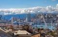 Genoa landscape from the old city to the `Porto Antico`, Ancient Port and the skyline, Genoa, Italy Royalty Free Stock Photo