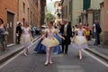 GENOA, ITALY - MAY 5 2018 - 19 century dress parade for Euroflora Exhibit in the unique scenario of the Nervi