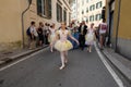 GENOA, ITALY - MAY 5 2018 - 19 century dress parade for Euroflora Exhibit in the unique scenario of the Nervi