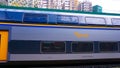 Genoa, Italy - May 28, 2023: Close up of Trenitalia train at station or rail hub in Genoa, Italy