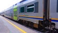 Genoa, Italy - May 28, 2023: Close up of Trenitalia train at station or rail hub in Genoa, Italy