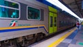 Genoa, Italy - May 28, 2023: Close up of Trenitalia train at station or rail hub in Genoa, Italy