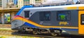 Genoa, Italy - May 28, 2023: Close up of Trenitalia train at station or rail hub in Genoa, Italy