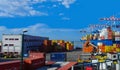 Genoa, Italy - May 27, 2023: Industrial crane for containers in the port of Genoa. Italy