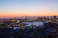 Aerial view of Genoa, Italy at dusk, the harbor with the hiistoric centre, Italy, Europe