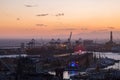 Aerial view of Genoa, Italy at dusk, the harbor with the Lanterna, the lighthouse,  symbol of Royalty Free Stock Photo