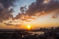 Aerial view of Genoa, Italy at sunset, the harbor with the hiistoric centre, Italy, Europe