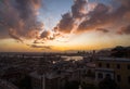 Aerial view of Genoa, Italy at sunset, the harbor with the hiistoric centre, Italy, Europe