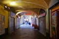 Genoa Italy, old town Sottoripa medieval arcade