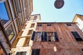 Genoa, Italy - September 24, 2018: Facade of an old building. Fragment of wall of house. Bottom view