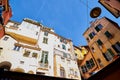 Genoa, Italy - September 24, 2018: Facade of an old building. Fragment of wall of house. Bottom view