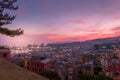 Genoa, Italy - 06 12 2021: View of the port of Genoa at sunset from Spianata Castelletto.