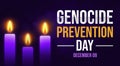 Genocide Prevention Day banner with glowing candles, typography and purple backdrop