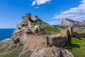 Genoese fortress in the Sudak bay on the Peninsula of Crimea. Aerial view Royalty Free Stock Photo