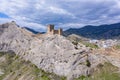 Genoese fortress in the Sudak bay on the Peninsula of Crimea. Aerial view Royalty Free Stock Photo