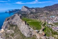 Genoese fortress in the Sudak bay on the Peninsula of Crimea. Aerial view Royalty Free Stock Photo