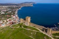 Genoese fortress in the Sudak bay on the Peninsula of Crimea. Aerial view Royalty Free Stock Photo