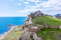 Genoese fortress in the Sudak bay on the Peninsula of Crimea. Aerial view Royalty Free Stock Photo