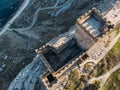 Genoese fortress in Sudak, Crimea. Aerial panorama view of ruins of ancient historic castle or fortress on crest of mountain Royalty Free Stock Photo