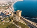 Genoese fortress in Sudak, Crimea. Aerial panorama view of ruins of ancient historic castle or fortress on crest of mountain Royalty Free Stock Photo