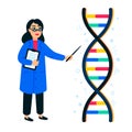 Genome sequencing concept. Female scientist and helix of dna on white background, genome or gene structure. Human genome Royalty Free Stock Photo