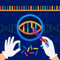 Genome sequencing concept. Nanotechnology and biochemistry laboratory. The hands of a scientist working with a dna helix