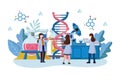 Genomics scene . Scientists are doing research in laboratory room . Genome therapy concept . Flat design . Vector