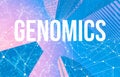 Genomics theme with abstract patterns and skyscrapers