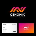 Genomix research center logo. DNA logo as two ribbons. Biotech logo. Business card.