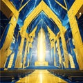 Blue and Yellow Lighting Futuristic Church Interior, Generated AI-based