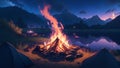 Genshin landscape art, best quality, ultra detailed, camp with campfire, grass,