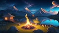 Genshin landscape art, best quality, ultra-detailed, camp with campfire, tents, grass.