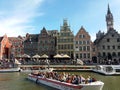 GENT, BELGIUM- 03.25.2017 Panoramic view of famous Graslei Canal in the historic city center with Leie river. Royalty Free Stock Photo