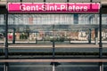 Gent Sint-Pieters railway station name sign. Ghent, Flanders, Belgium