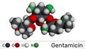 Gentamicin molecule. It is broad-spectrum aminoglycoside antibiotic. Molecular model. 3D rendering.