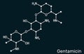 Gentamicin molecule. It is broad-spectrum aminoglycoside antibiotic. Skeletal chemical formula on the dark blue