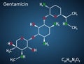 Gentamicin molecule. It is broad-spectrum aminoglycoside antibiotic. Structural chemical formula on the dark blue